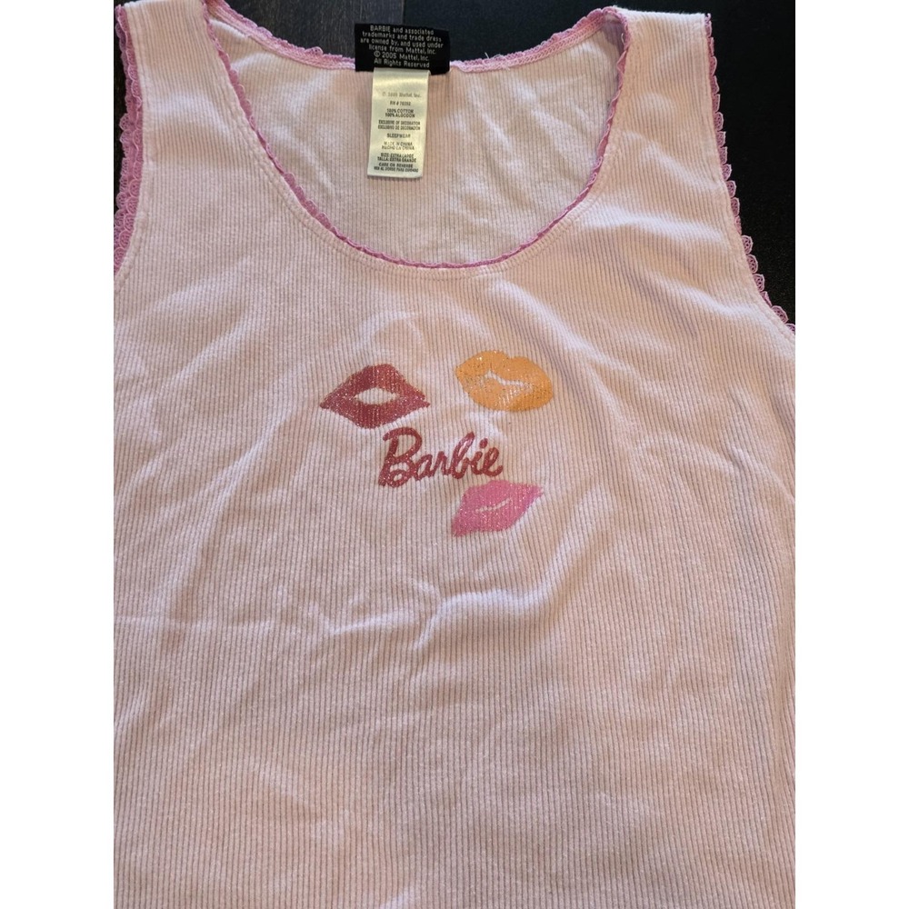 Vintage Barbie Tank Top Light Pink Ribbed Sleep Shirt Lip Kiss XL Y2K Barbiecore - Picture 4 of 8